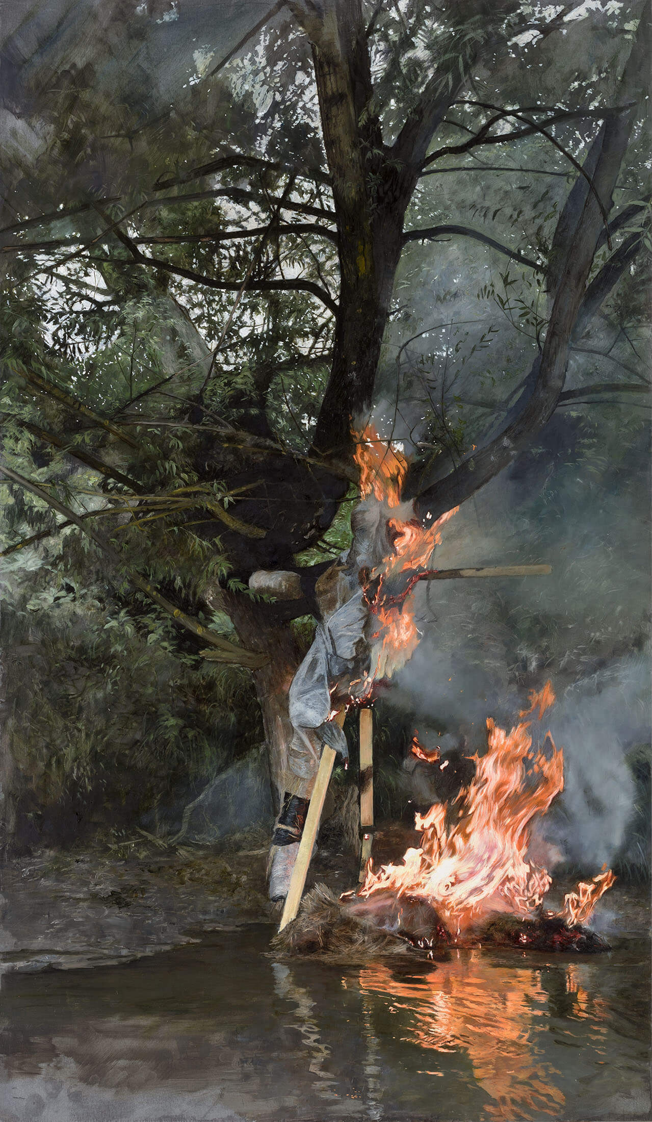 Burning effigy under a tree, oil on galvanized sheet, 89.5x52cm 2022