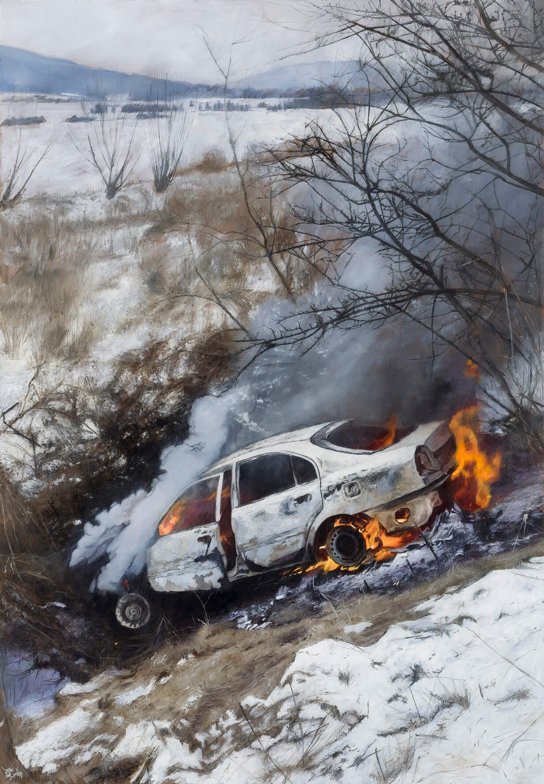 Burning car, oil on aluminium sheet, 94x65cm 2021