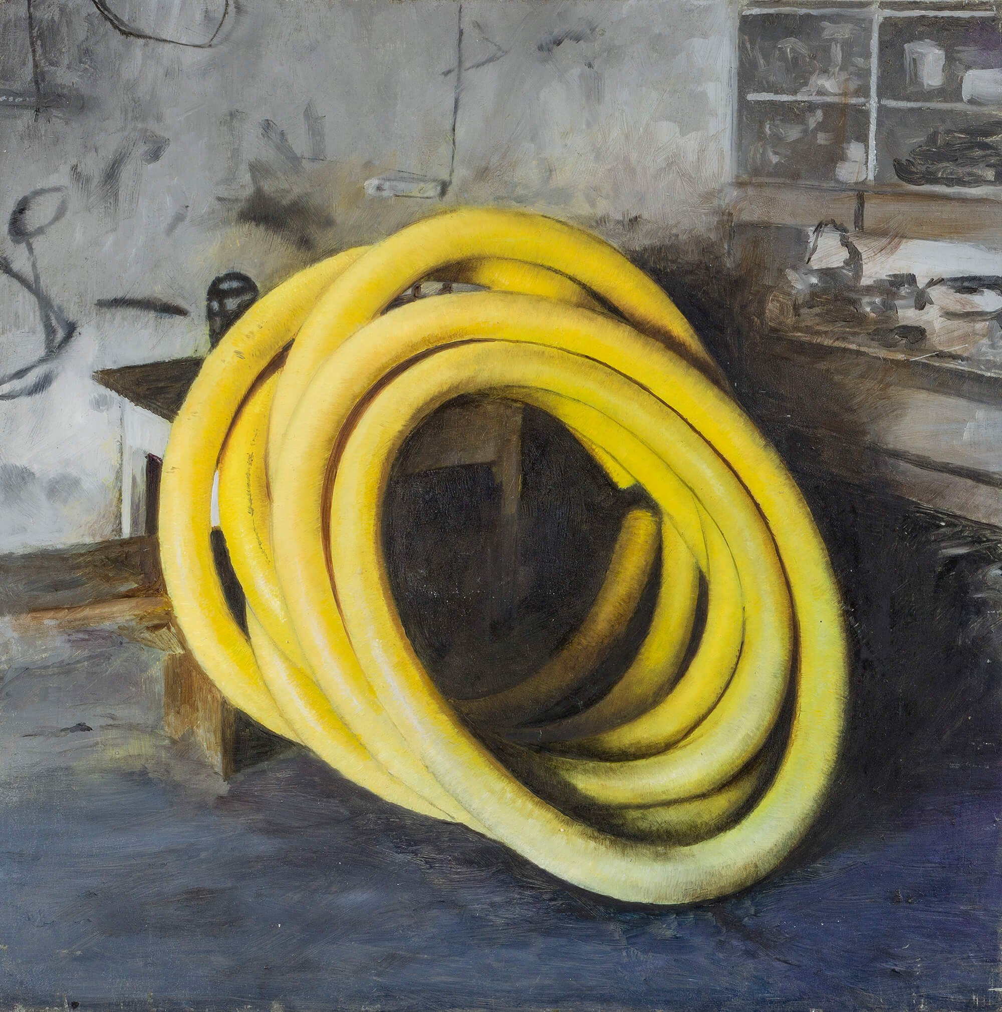 Drainage pipes in a garageolej, oil on galvanized sheet, 22x22cm 2021