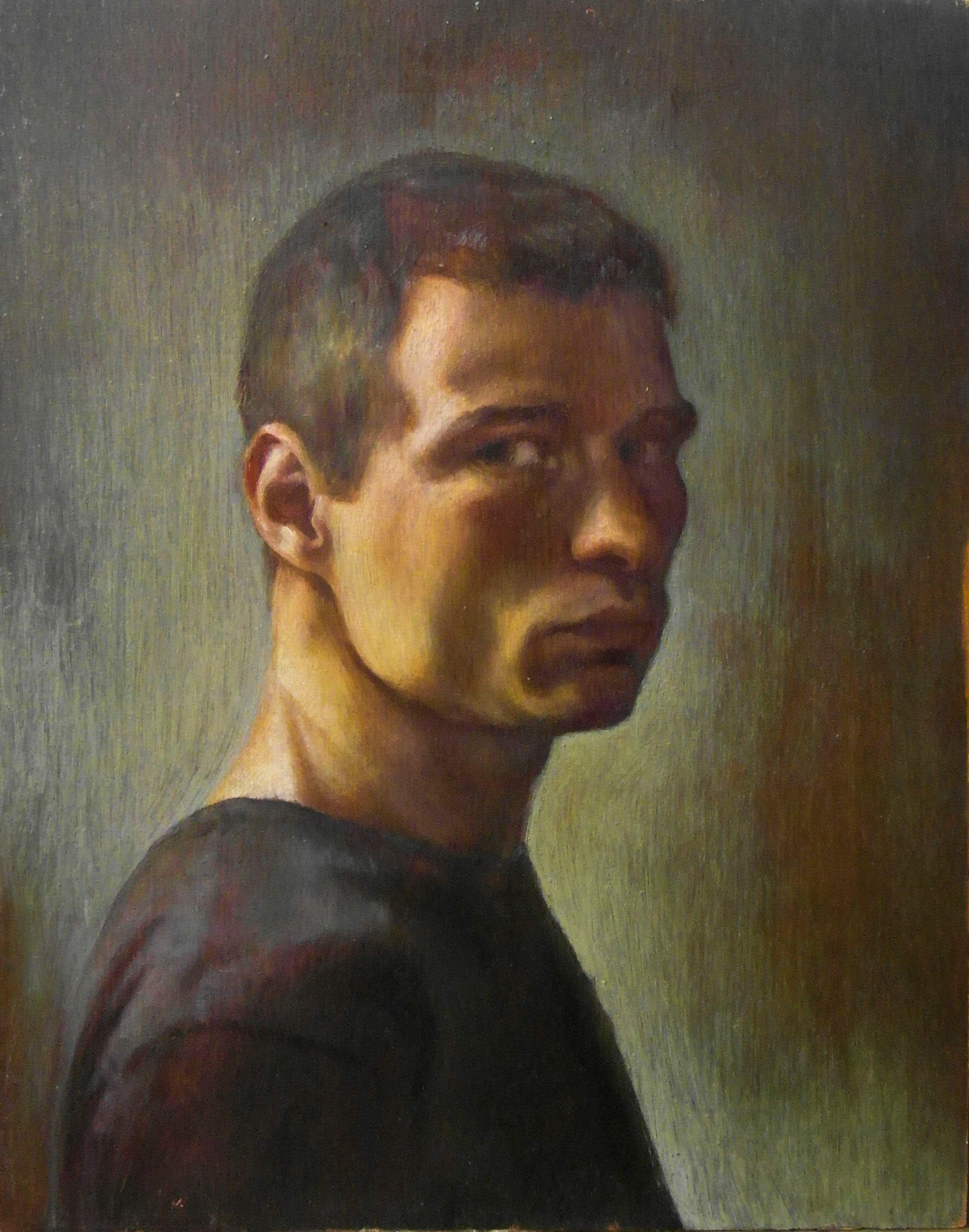 Self portrait on black oak, oil on black oak board, 20x30cm 2015