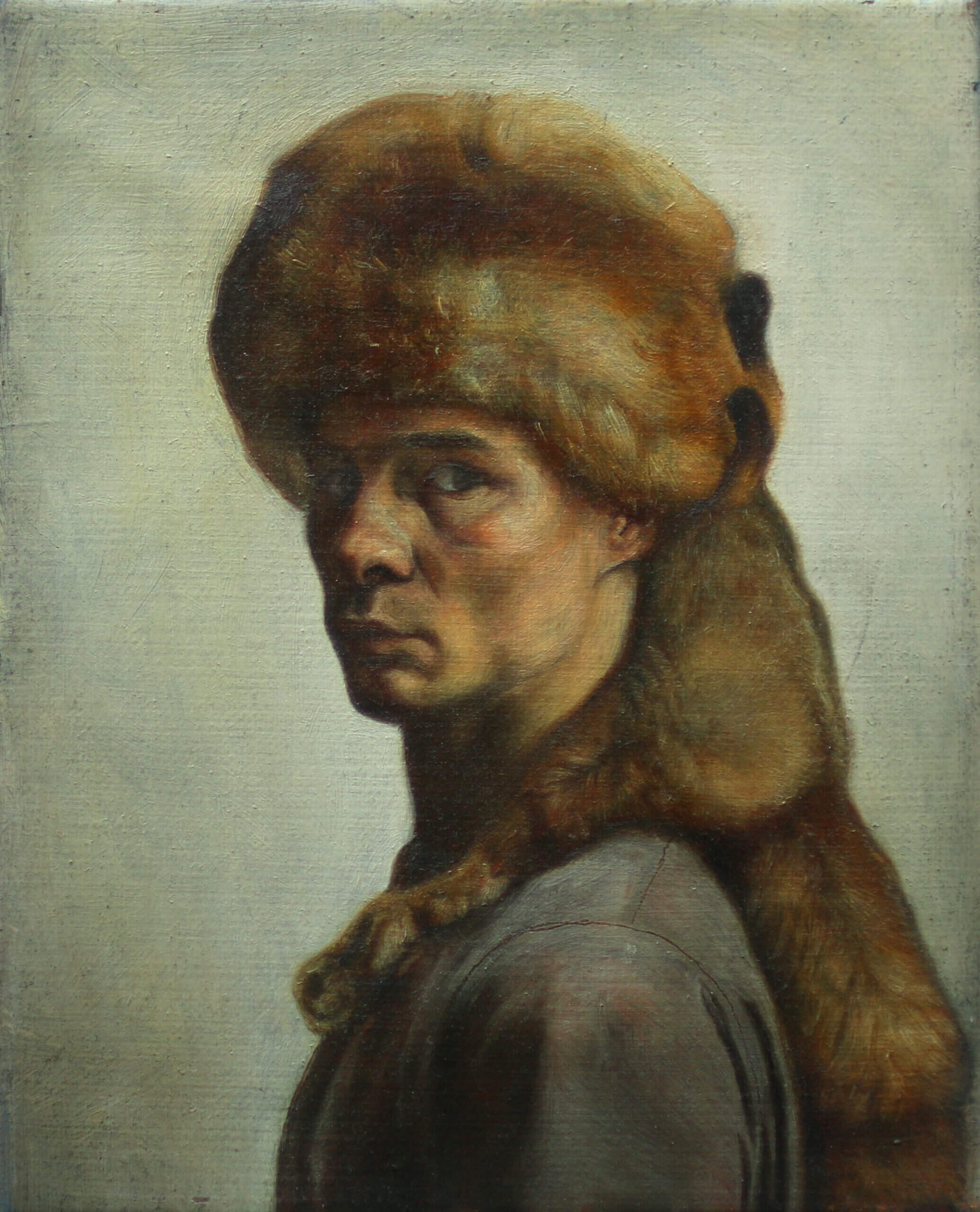 Self portrait in fox, oil on canvas,18x22cm 2015